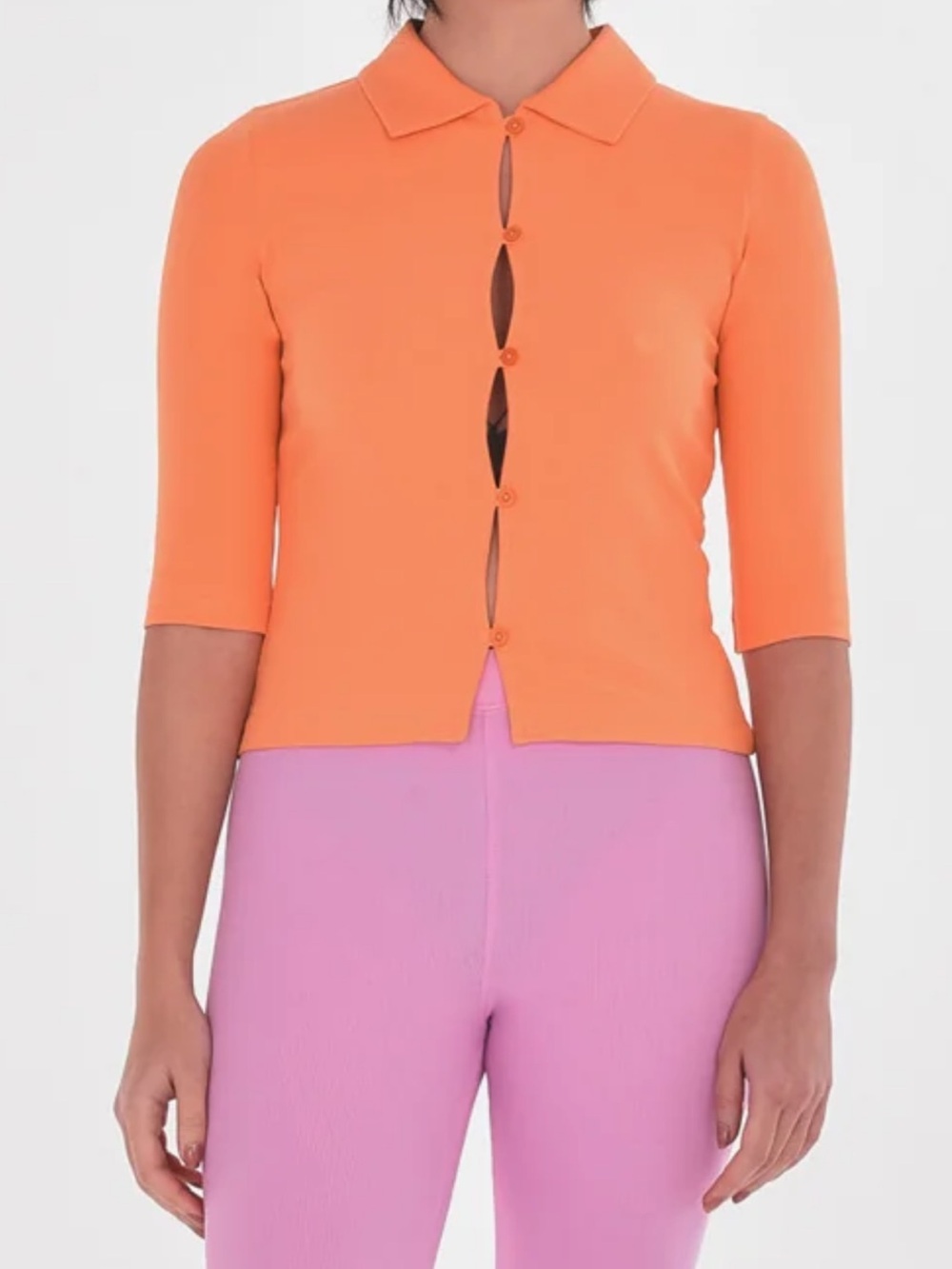 Orange Collared Crop Cardigan Top